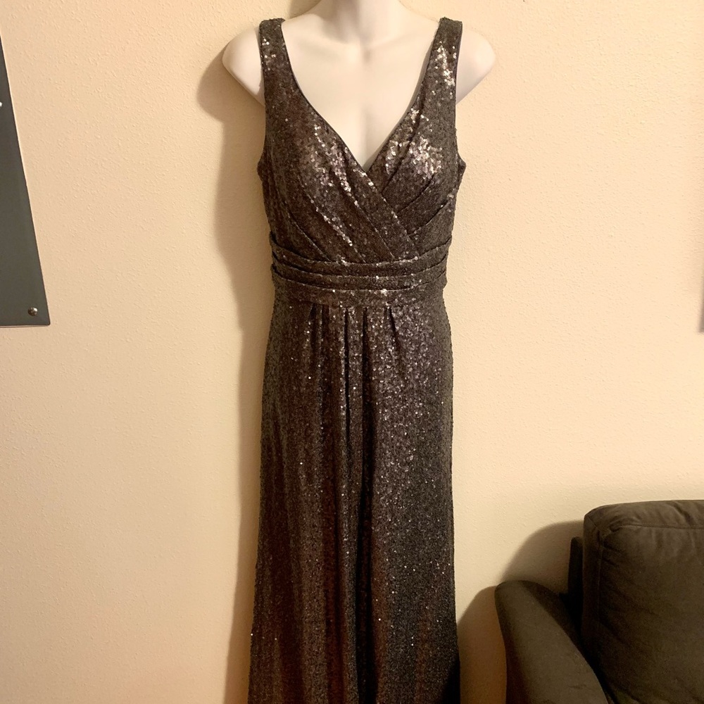 NWT- Gunmetal Grey Matte Sequin Floor Length Formal Gown